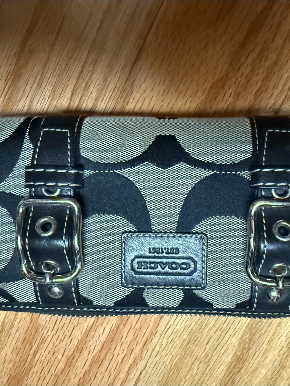 Coach Black & Ivory Signature Canvas Wallet with Buckle Trim